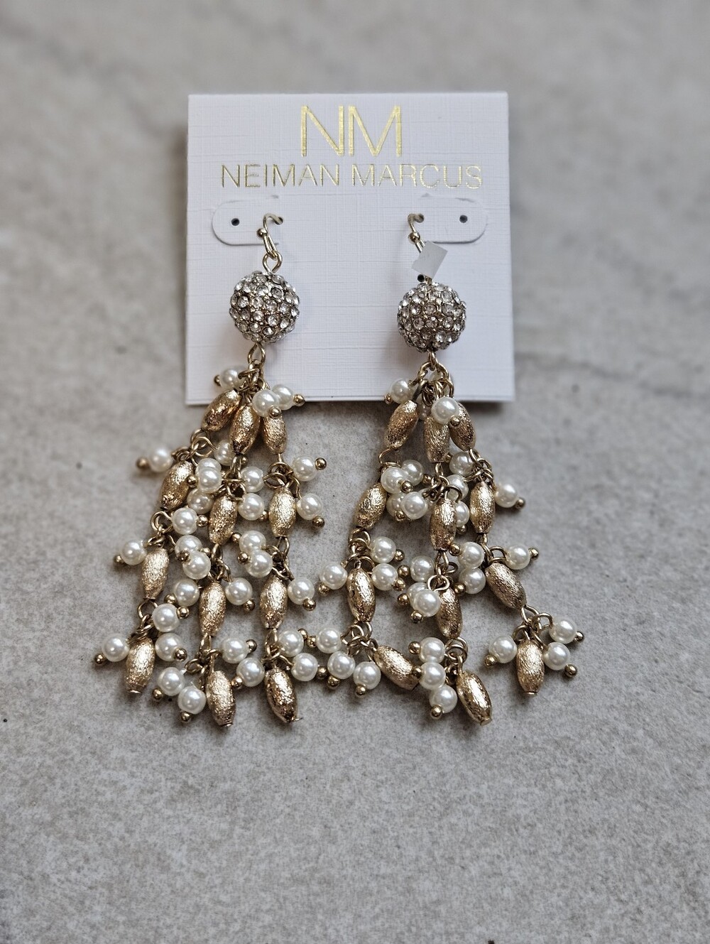Neiman Marcus Gold and White Pearl Cascade Earrings
